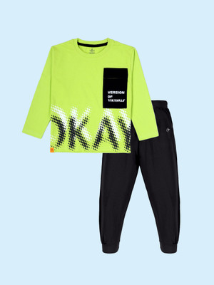 KiddoPanti Boys Casual T-shirt Track Pants(Neon Green & Jet Black)