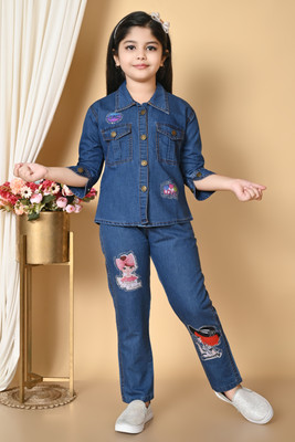 SS TEXTILE Baby Girls Party(Festive) Shirt Jeans(Dark Blue)