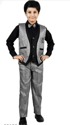 AANYACOLLECTION Boys Festive & Party Shirt, Waistcoat and Pant Set(Grey Pack of 1)