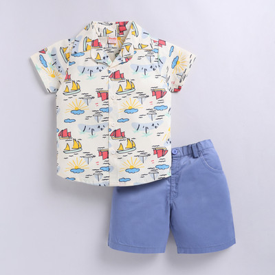 Snuggly Monkey Baby Boys Casual Shirt Shorts(Cream/Blue)