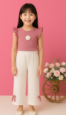 MJ TRENDS Girls Casual Top Pant(Pink, White)