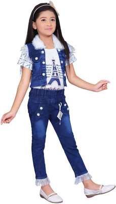 I Naina Dresses Girls Party(Festive) Jacket T-shirt, Jeans(Blue101)