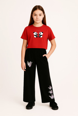 Wearax Girls Casual T-shirt Pyjama(RED AND BLACK)