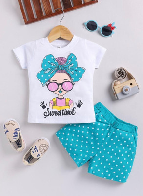 MUSNAHGARMENTS Baby Girls Barbie Casual T-shirt Shorts(White and Bule)