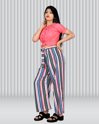 vroxa creation Girls Casual Top Trouser(Peach White)
