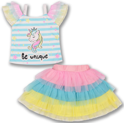 Wishkaro Girls Casual Top Skirt(Blue & Pink)