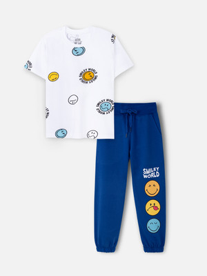 Nap Chief Boys & Girls Casual T-shirt Track Pants(White & Royal Blue)