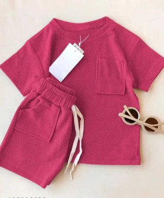 DEVXWAEX Baby Boys & Baby Girls Casual T-shirt Pant(Pink)