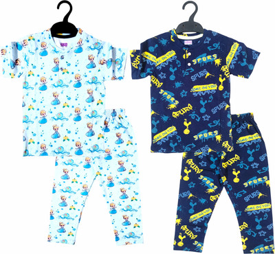 THE OVAL Boys & Girls Casual T-shirt Pant(Sky Blue,Dark Navy)