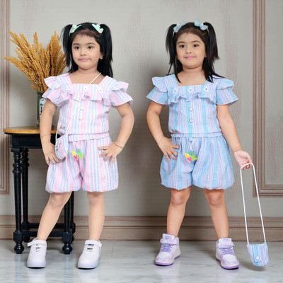 HALDER Baby Girls Casual Top Shorts(Pink & Blue)