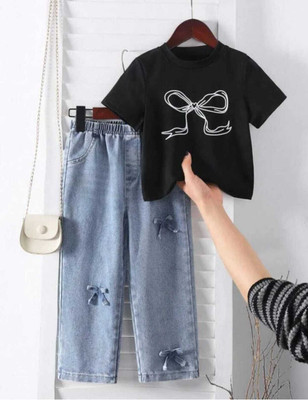 MASKAR CHOICES Baby Girls Casual T-shirt Track Pants(Blue, Black)