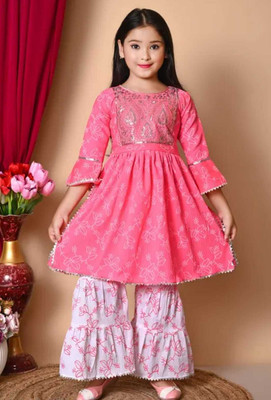 WELNOXFASHION Girls Festive & Party Kurta, Pyjama & Dupatta Set(Pink Pack of 1)