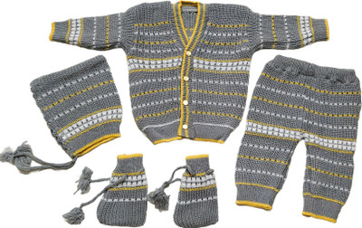 VIYODHAR Baby Boys & Baby Girls Party(Festive) Sweater Pant, Cap, Bootie(Grey With Yellow)