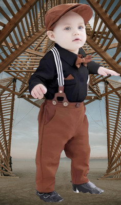 JANNIFASHION Baby Boys Casual Shirt Belt, Bow Tie, Cap, Shirt, Pant(BLACK, KAKHI)