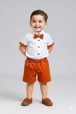 SWAR FASHIONS Baby Boys Party(Festive) Dress Shirt, Shorts(White & Orange)