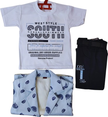 PLAYFULL Baby Boys Party(Festive) Blazer Bodysuit(Trendy Boys' 3-Piece Outfit Set - White T-Shirt, Light Blue Printed Blazer, Black Pants | Casual & Formal Wear)