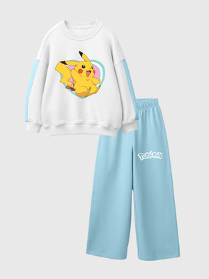 Nap Chief Girls Pokemon Casual T-shirt Pant(Off White & Light Blue)