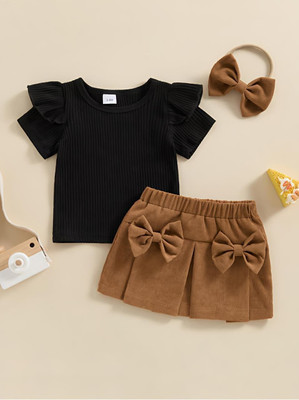 Kid Clouds Girls Casual Top Skirt, Hairband(RUST)