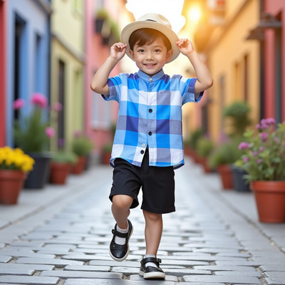 D MON VY Boys Casual Shirt Shorts(SKY CHEX BLACK)