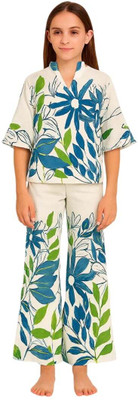 GALAD Girls Casual Top Pant(Cream & Blue)