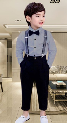 KRIYU CREATION Boys Party(Festive) Shirt Pant, Bow Tie, Suspenders(GREY)