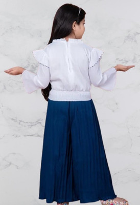 Vijatree Girls Casual Top Pant(White / Dark Blue)