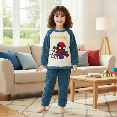 Kavita Fashion Kids Nightwear Boys & Girls Solid Fleece Blend(Blue Pack of 1)