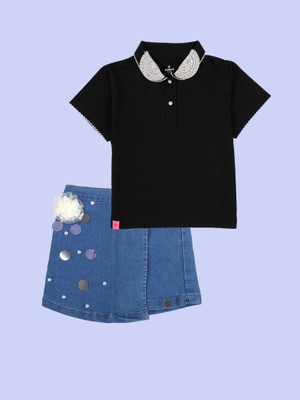 KiddoPanti Girls Casual T-shirt Shorts(Black & Blue Flowers)