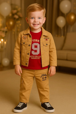 PLAYFULL Boys Casual Jacket T-shirt(3-Piece Boys Clothing Set – Full Denim Jacket (Brown)T-Shirt, and Jogger Pants (Party /Casual Wear))