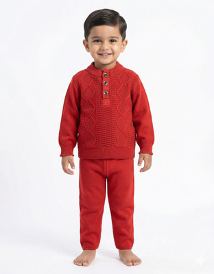 GTwo Self Design Round Neck Casual Baby Boys Red Sweater