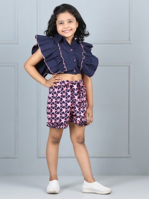 CUTIEKINS Girls Casual Top Shorts(Navy Blue & Pink)