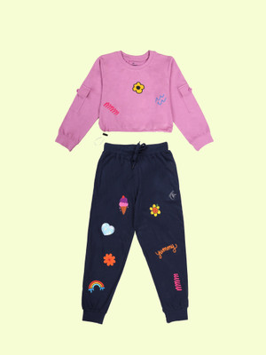 KiddoPanti Girls Casual T-shirt Track Pants(Lilac & Navy)