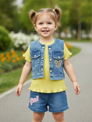 KETI MINI Girls Casual Top Shorts, Waistcoat(Lemon)