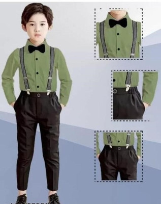 KRIYU CREATION Boys Party(Festive) Shirt Pant, Bow Tie, Suspenders(GREEN)