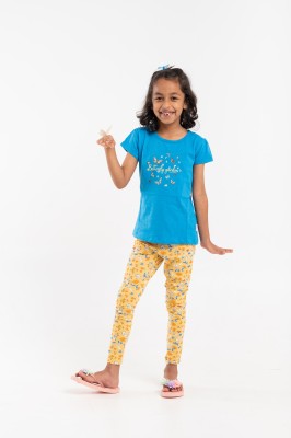 BABY NATION Girls Casual T-shirt Legging(Blue, Yellow)