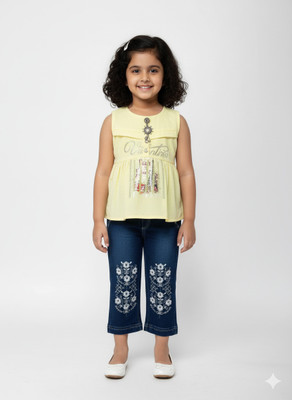 Girijesh Singh Baby Girls Daisy Party(Festive) Top Jeans(Yellow)