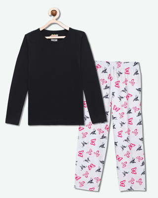HouseOfCommon Girls Casual Pyjama Sleepsuit(BLK_BFLY)