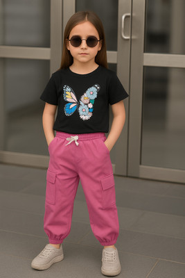 LAVASCREATION Girls Party(Festive) T-shirt Pant(Pink, Black)