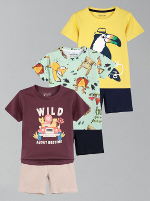 Hellcat Baby Boys Casual T-shirt Shorts(Burgundy/Sea Green/Yellow)