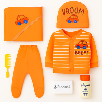 baby suit Baby Boys & Baby Girls Party(Festive) Bodysuit Pant, T-shirt, Cap(Lite orange)