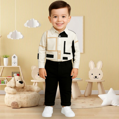 menvy Baby Boys Party(Festive) Shirt Pant(WHITE GEOMETRIC PATTERN)