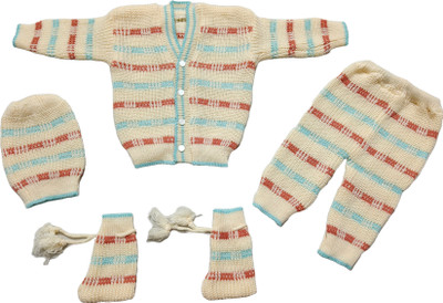 VIYODHAR Baby Boys & Baby Girls Party(Festive) Sweater Pant, Bootie, Cap(Cream)