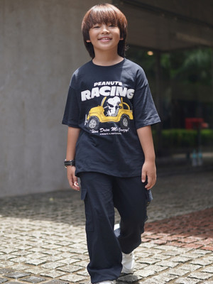 Nap Chief Boys & Girls Casual T-shirt Track Pants(Dark Grey_Peanuts)