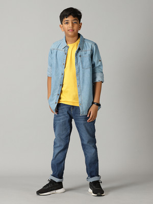 KiddoPanti Boys Casual Shirt Jeans, T-shirt(Lt Blue/ Md Blue/ Mustard)