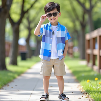 D MON VY Boys Casual Shirt Shorts(SKY CHEX CHIKU)