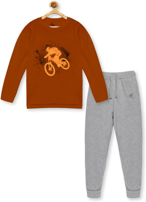 KiddoPanti Boys Casual T-shirt Track Pants(Rust & Grey Melange)