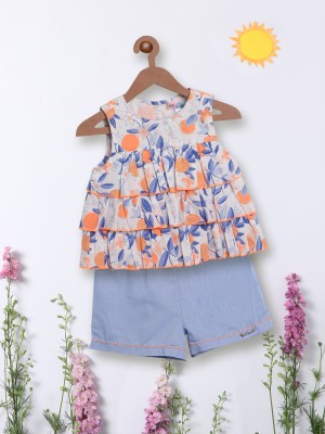 NautiNati Baby Girls Casual Top Shorts(Orange-Blue)