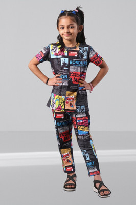 DEEPIMPEX Girls Casual T-shirt Trouser(Ice-Black)