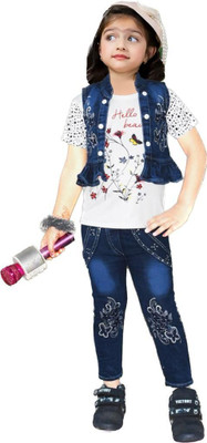 I Naina Dresses Girls Party(Festive) Jacket T-shirt, Jeans(White)