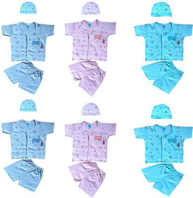 SANIKIDSWEAR Baby Boys & Baby Girls Casual T-shirt Shorts, Cap(LIGHT BLUE, PINK, AQUA BLUE (PACK OF 6 - Three colour ) II Soft Infant Summer Wear Combo | Newborn Front Open Dress Set)